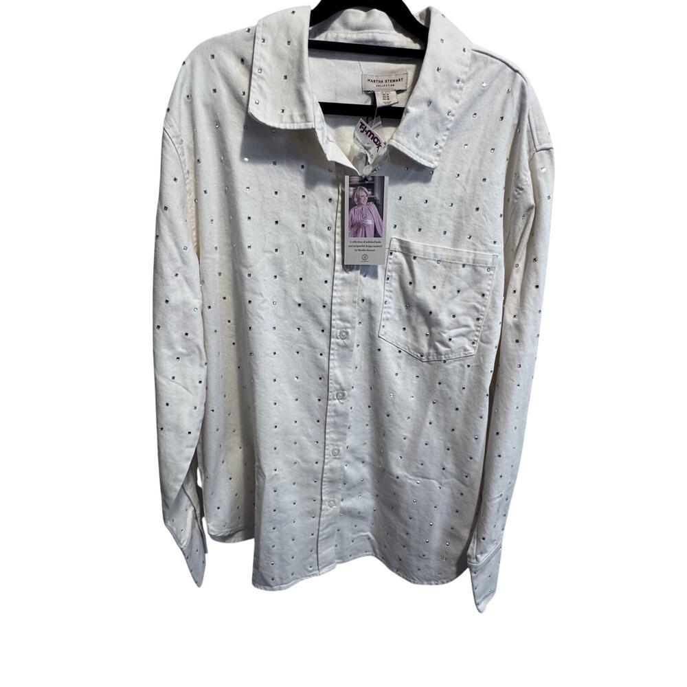 Martha Stewart Rhinestone Oversize Shirt Shacket Cream Cotton Denim Button Up XL